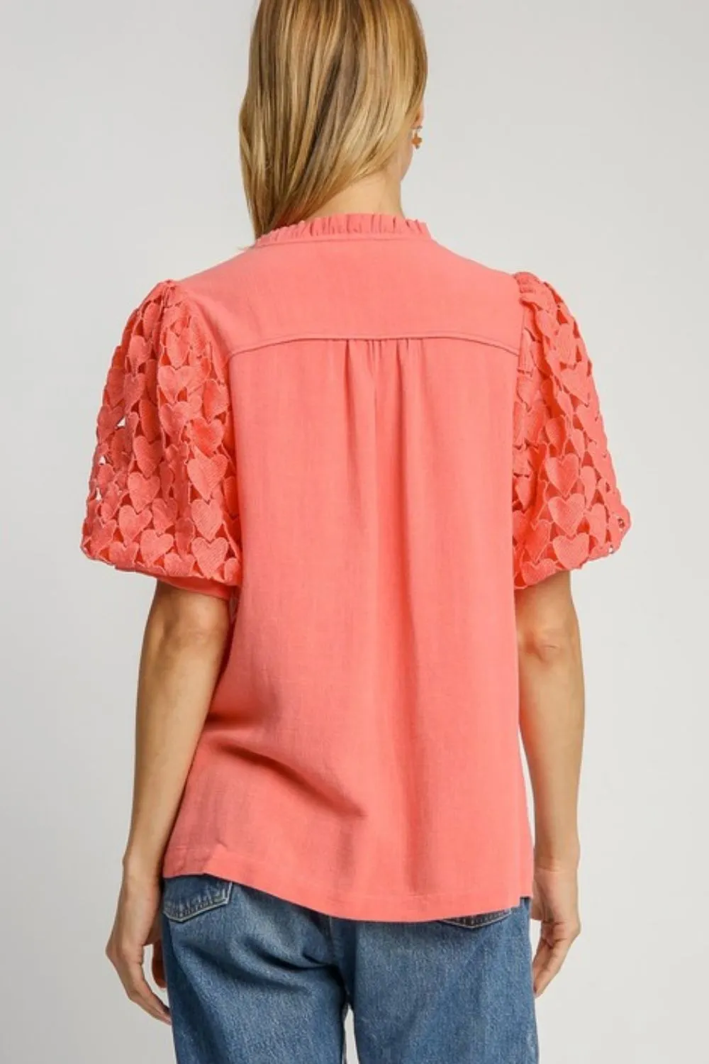 Full Size Heart Lace Sleeve Ruffle Collar Top Plus Size, image 2