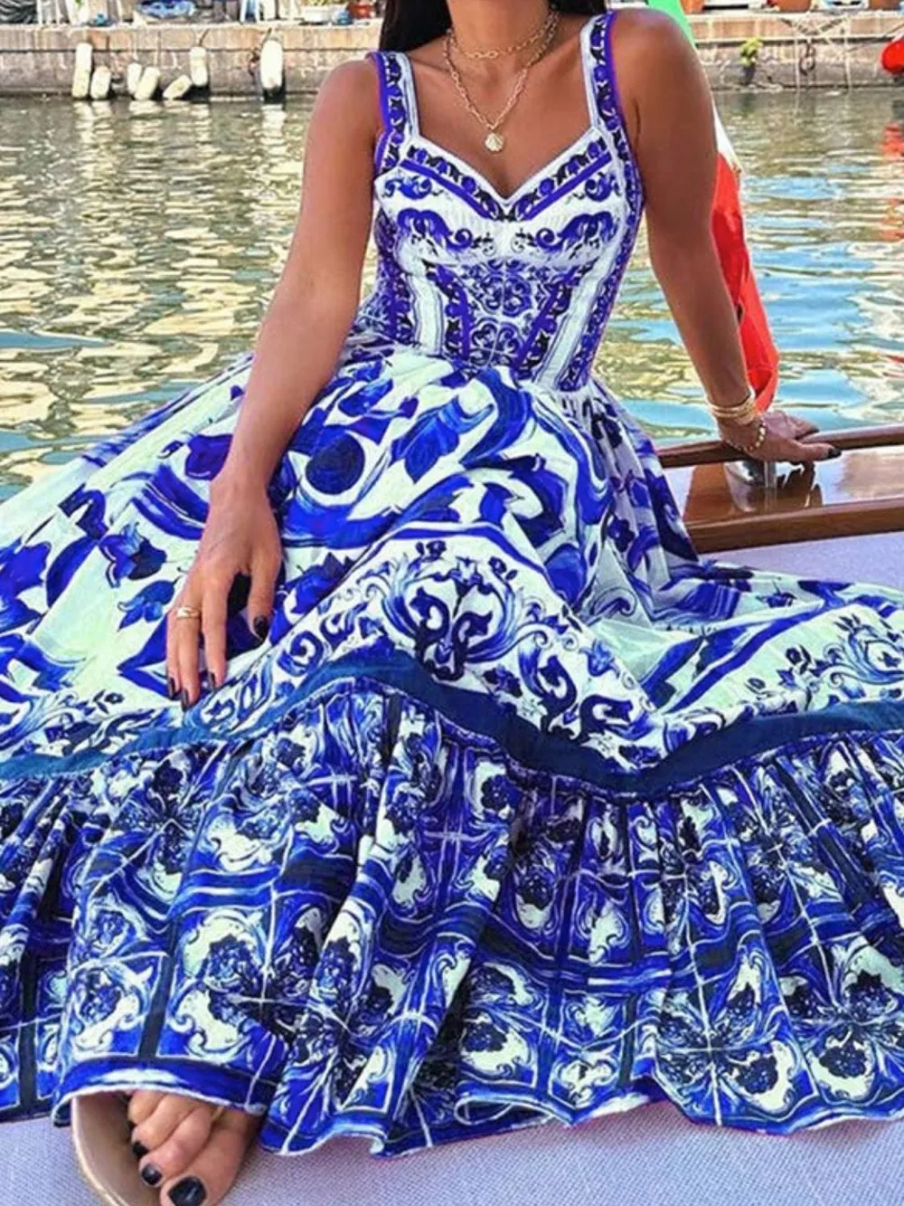 Smocked Printed Wide Strap Dress, image 7