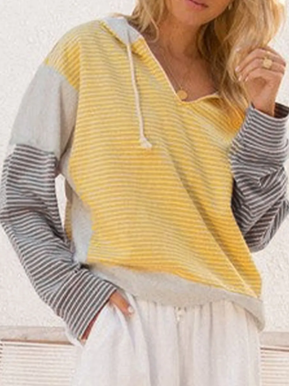 Striped Color Block Hoodie with Drawstring, image 2