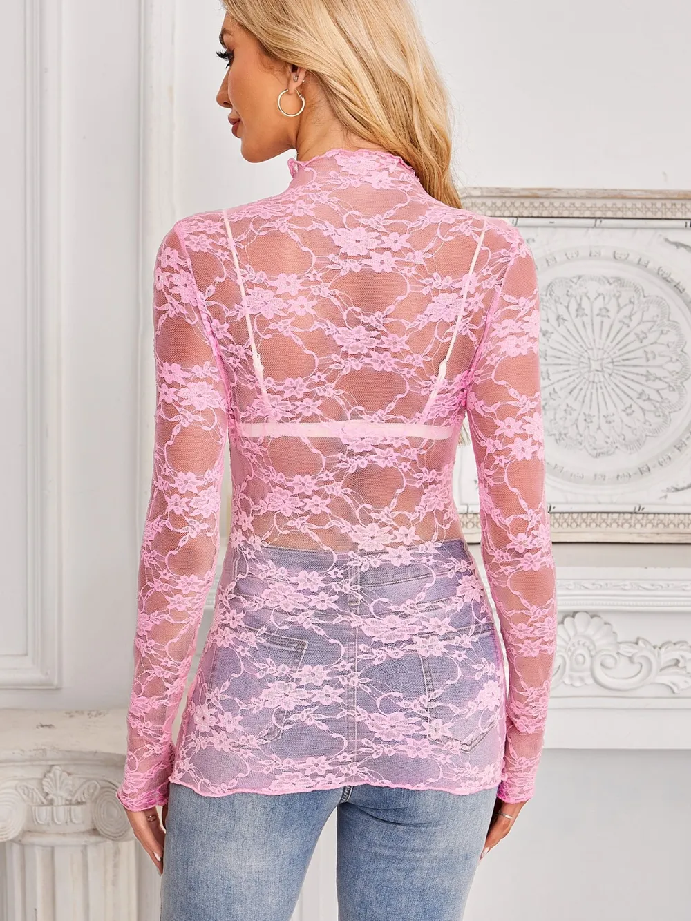 Mock Neck Long Sleeve Lace Sheer Top, image 9