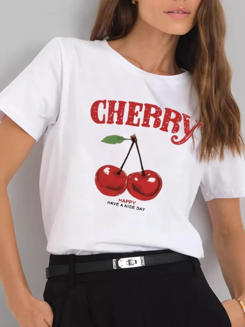 Plus Size Cherry Graphic Round Neck Short Sleeve T-Shirt, image 2