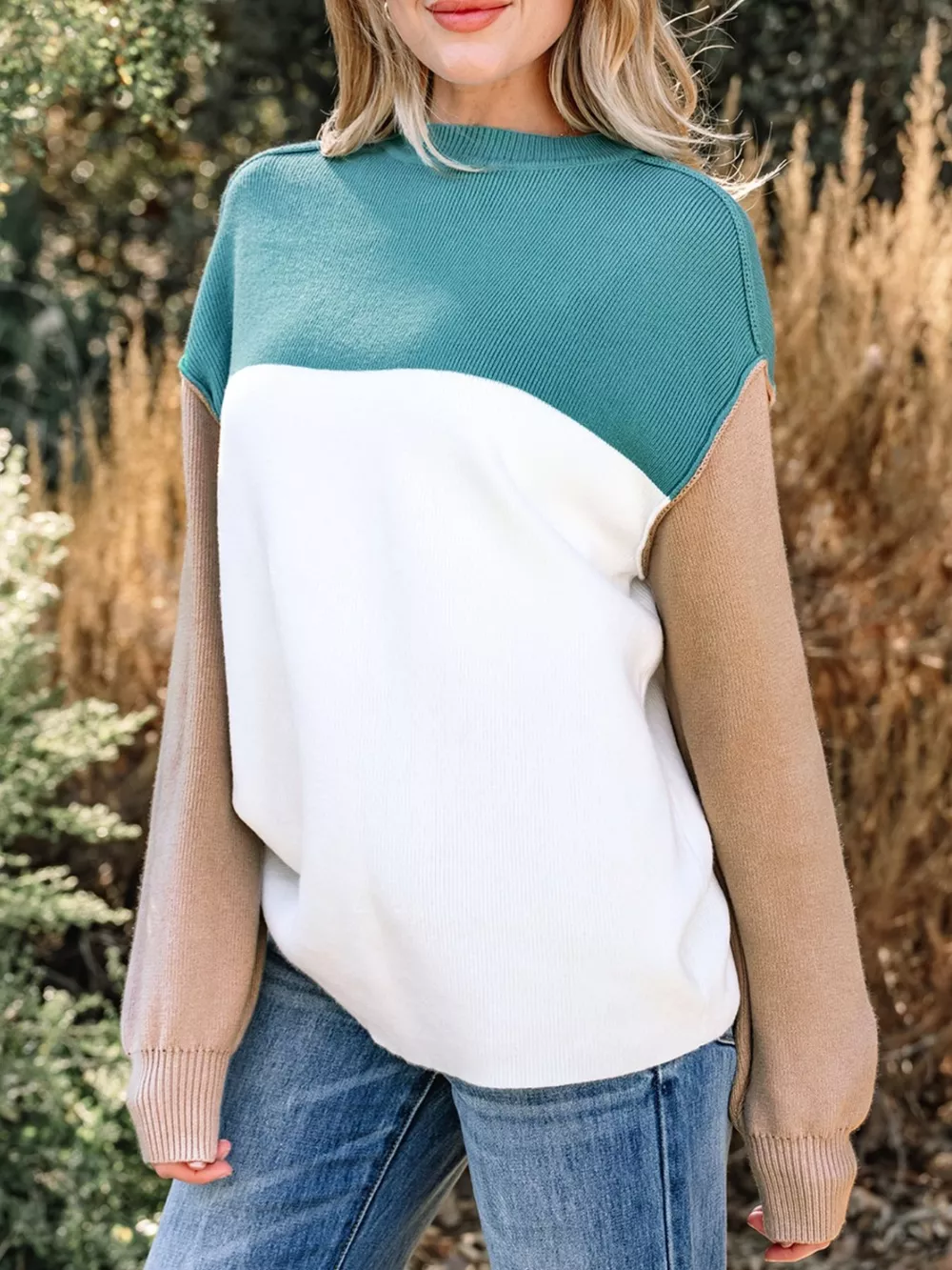 Color Block Plain Ribbed Knit Sweatshirt, image 2