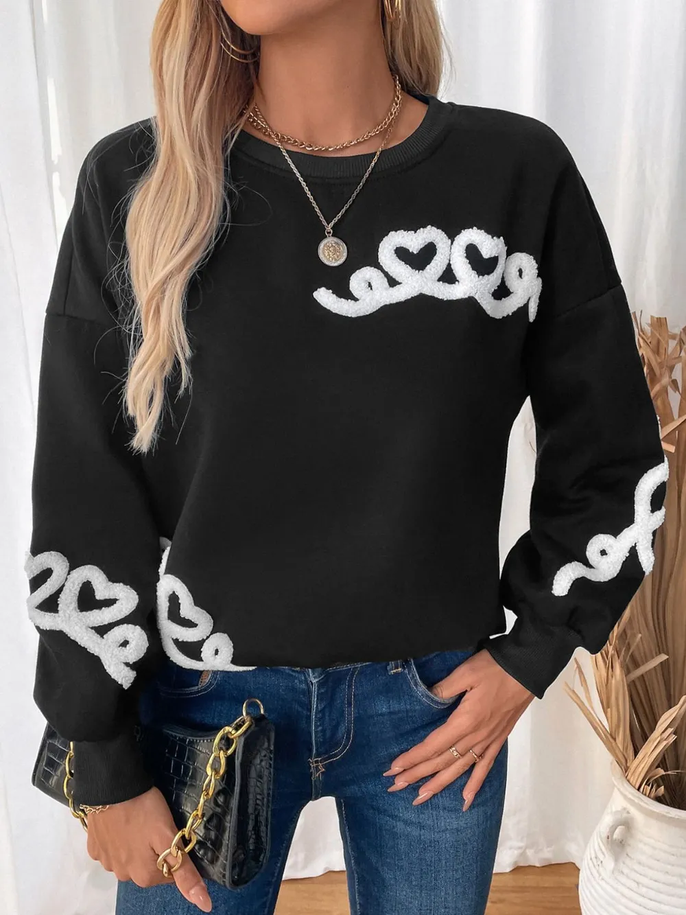Heart Round Neck Long Sleeve Sweater, image 5