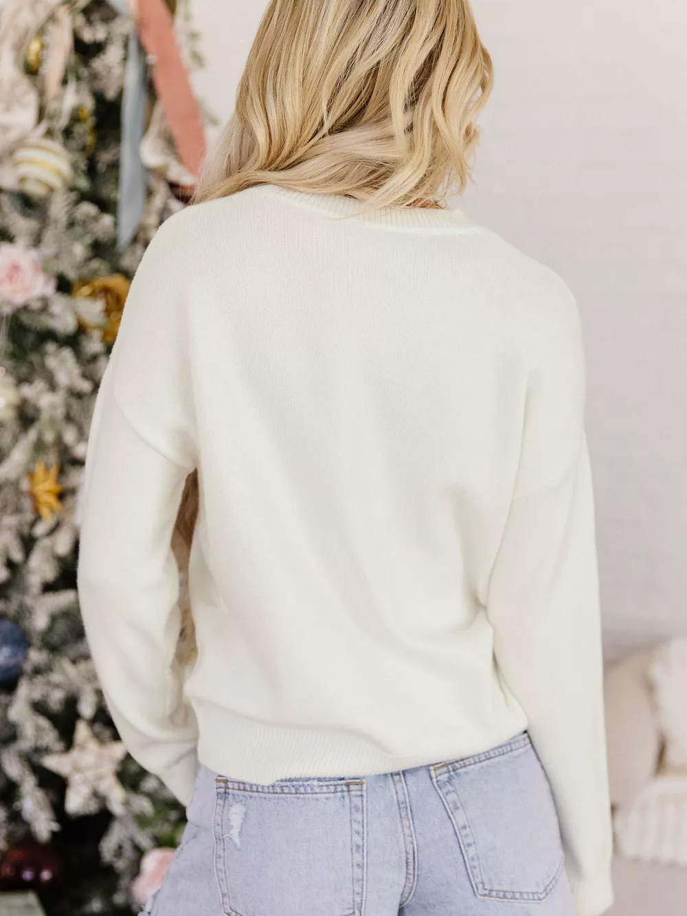 Christmas Tree Bow Drop Shoulder Knit Sweater, image 2