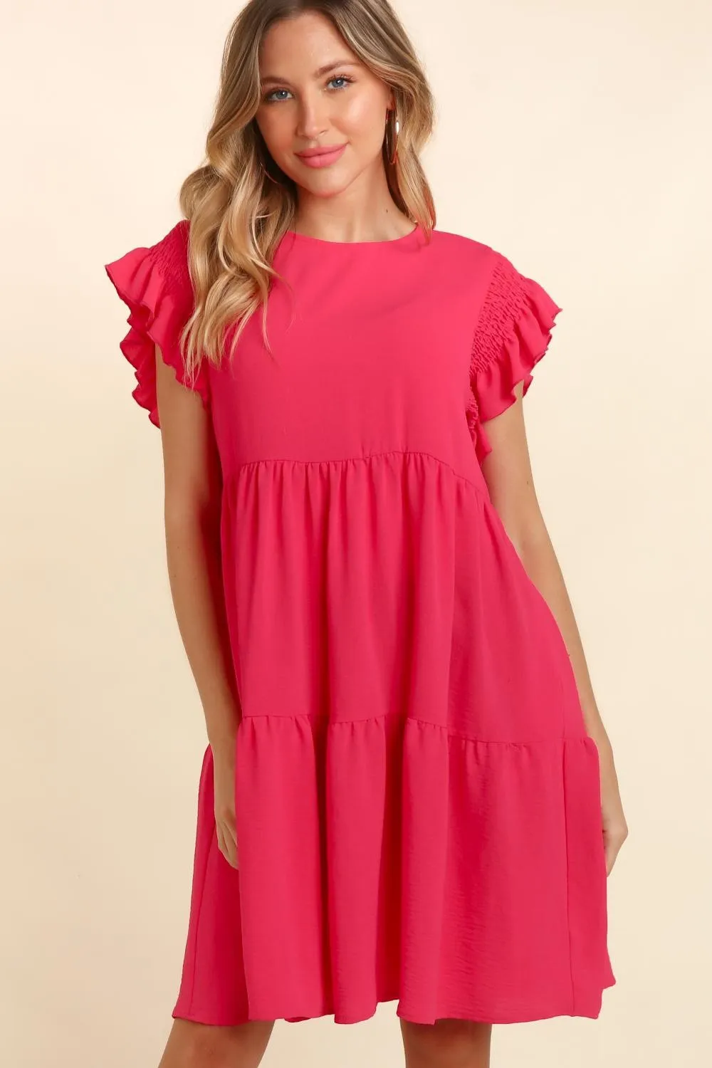 Full Size Smocking Ruffle Short Sleeve Dress with Pockets, image 2