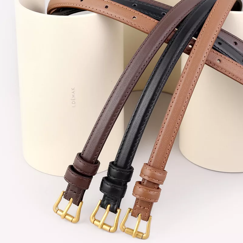 Skinny Leather Belt with Golden Buckle, image 2