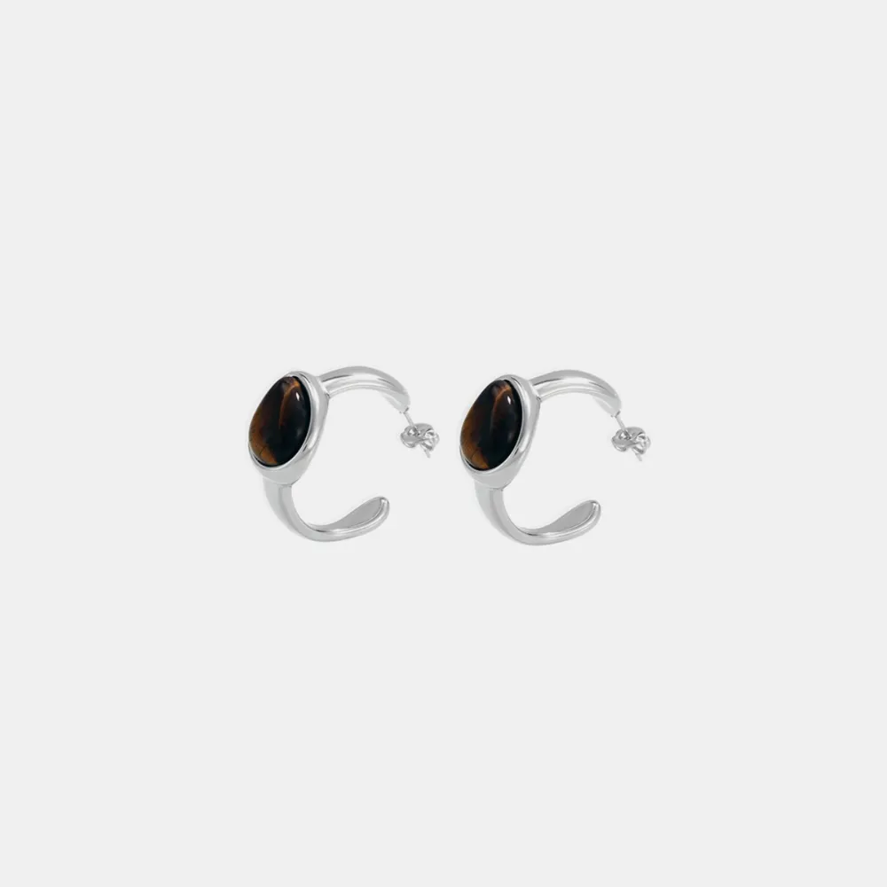 Stainless Steel Natural Tiger's Eye C-Hoop Earrings, image 7