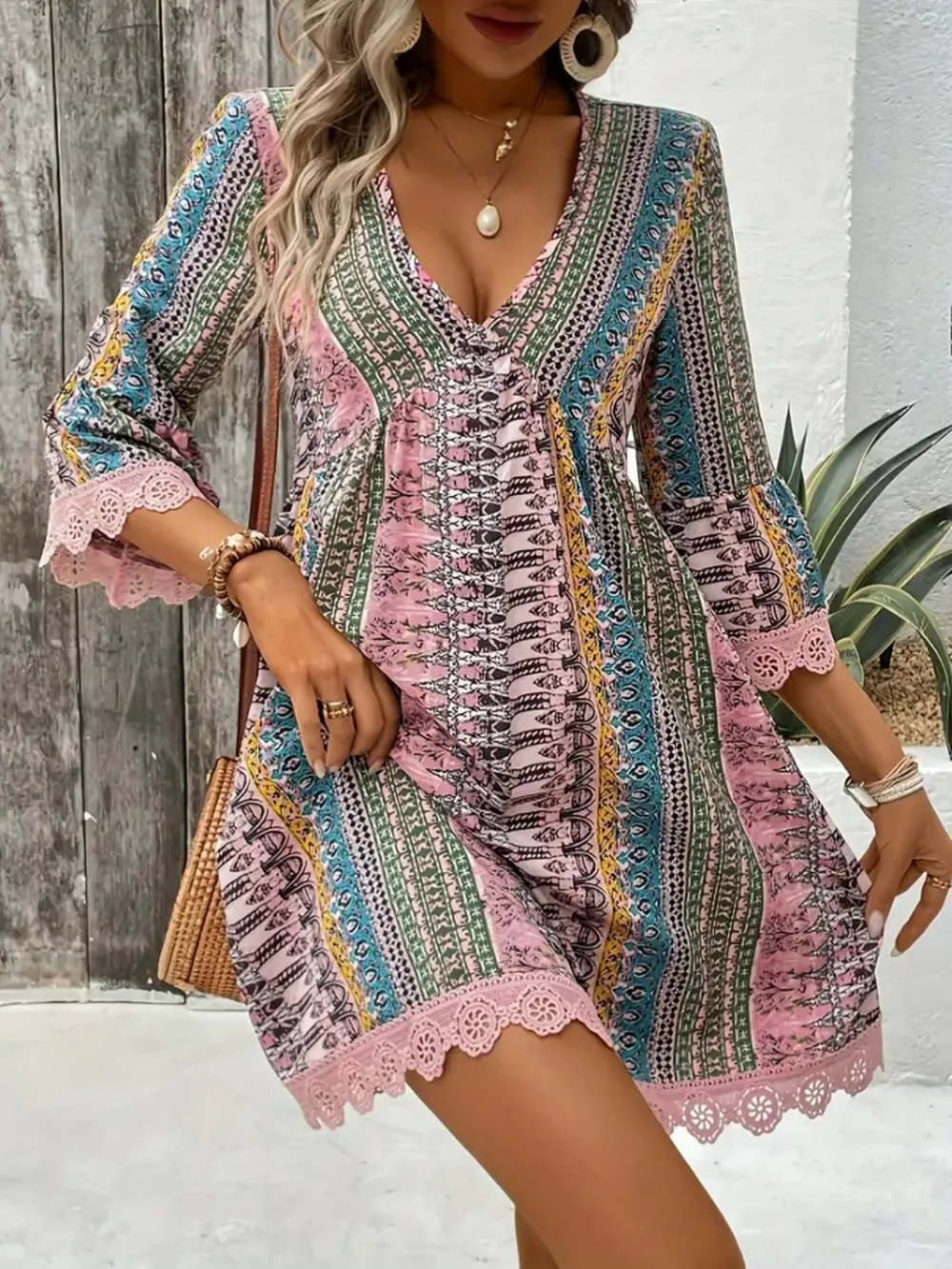 Lace Trim Printed V-Neck 3/4 Sleeve Dress, image 6