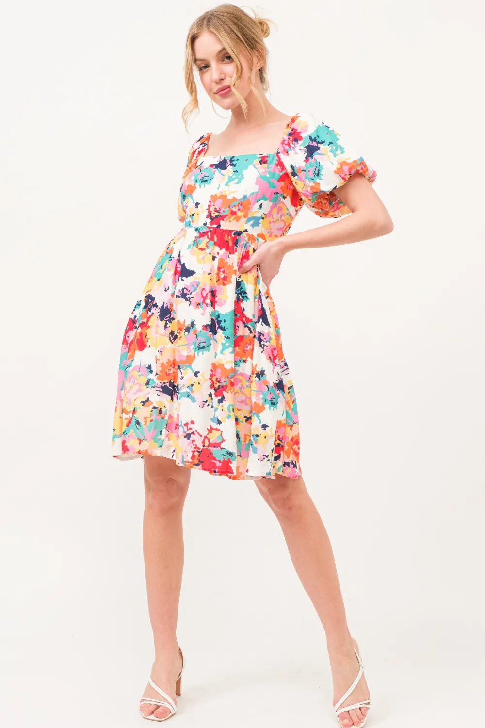 Square Neck Puff Sleeve Floral Dress, image 4