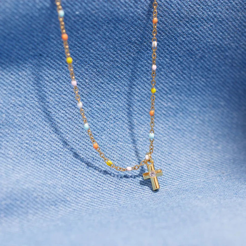 Inlaid Zircon 18K Gold-Plated Cross Bead Necklace, image 3