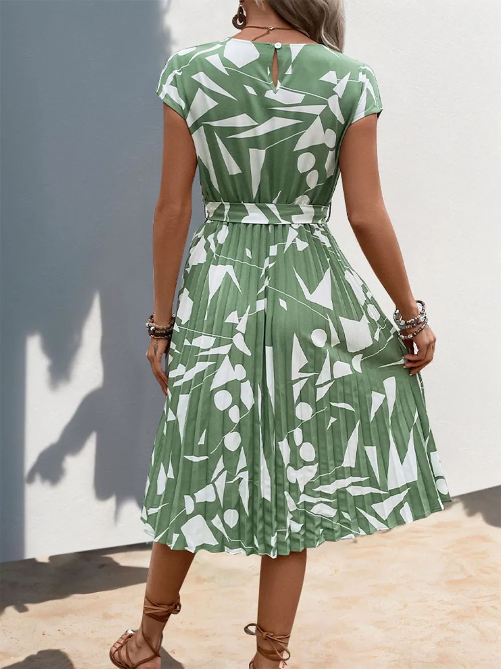Tied Pleated Printed Cap Sleeve Dress, image 10