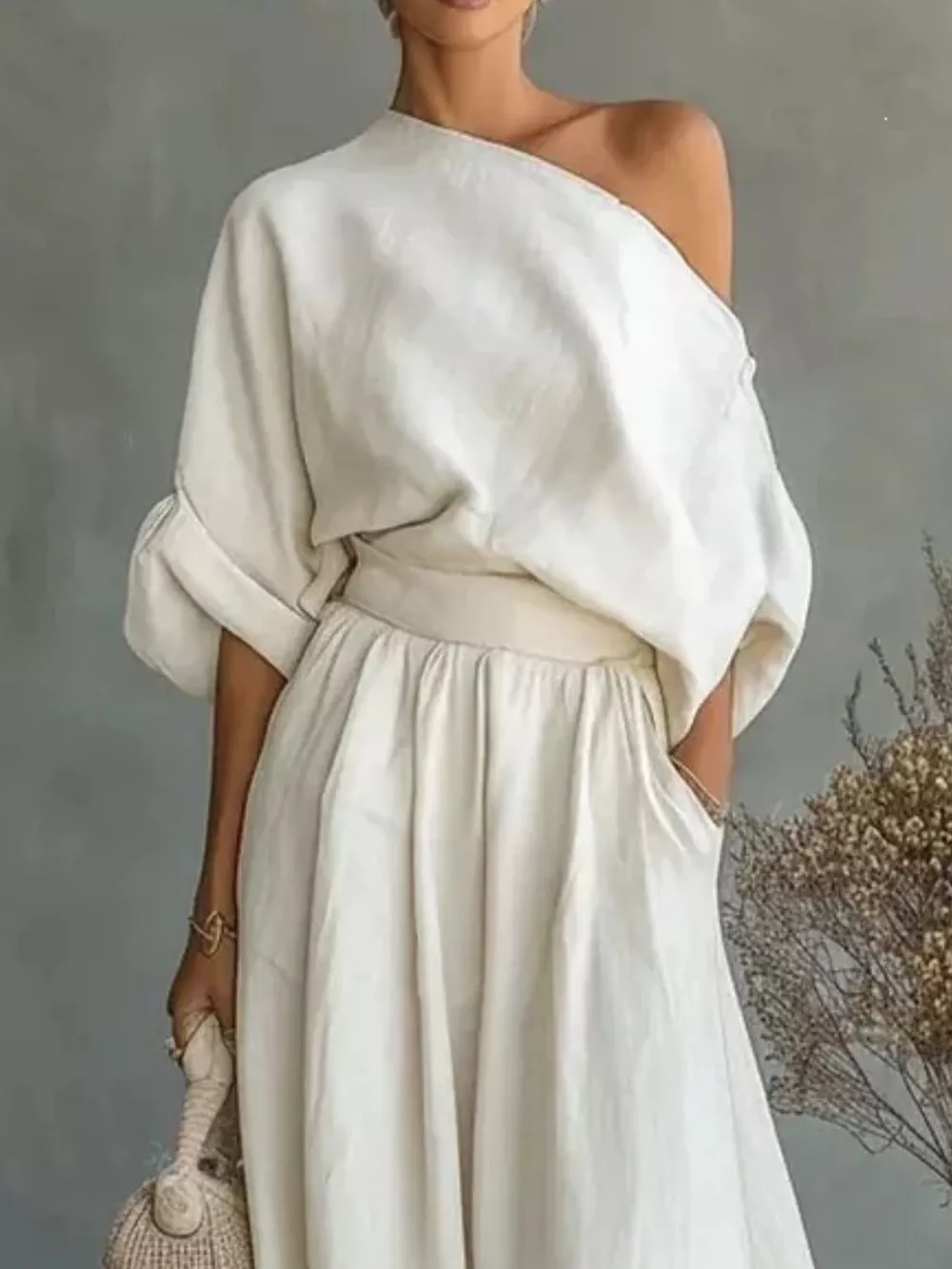 Full Size One Shoulder Top and Wide Leg Pants Set Plus Size, image 2