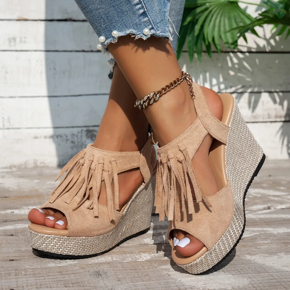 Fringe Peep Toe Wedge Sandals, image 4