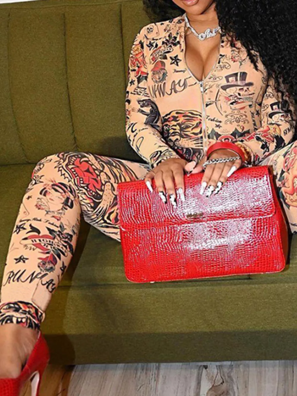 Printed Zip Front Long Sleeve Jumpsuit, image 3