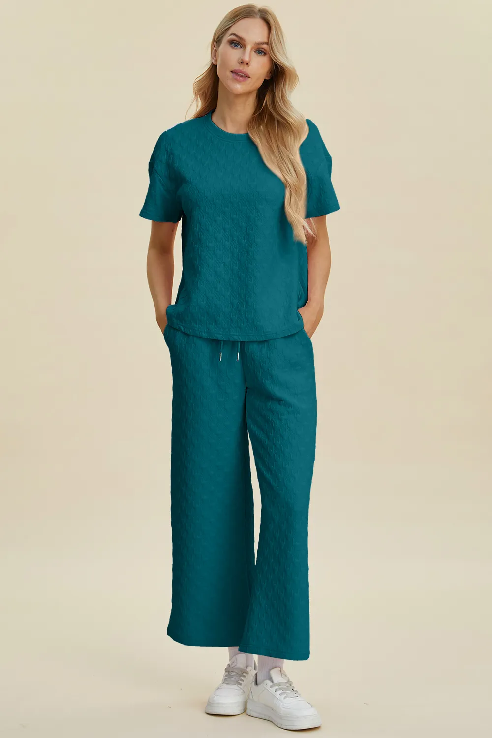 Full Size Texture Round Neck Short Sleeve Top and Pants Set, image 6