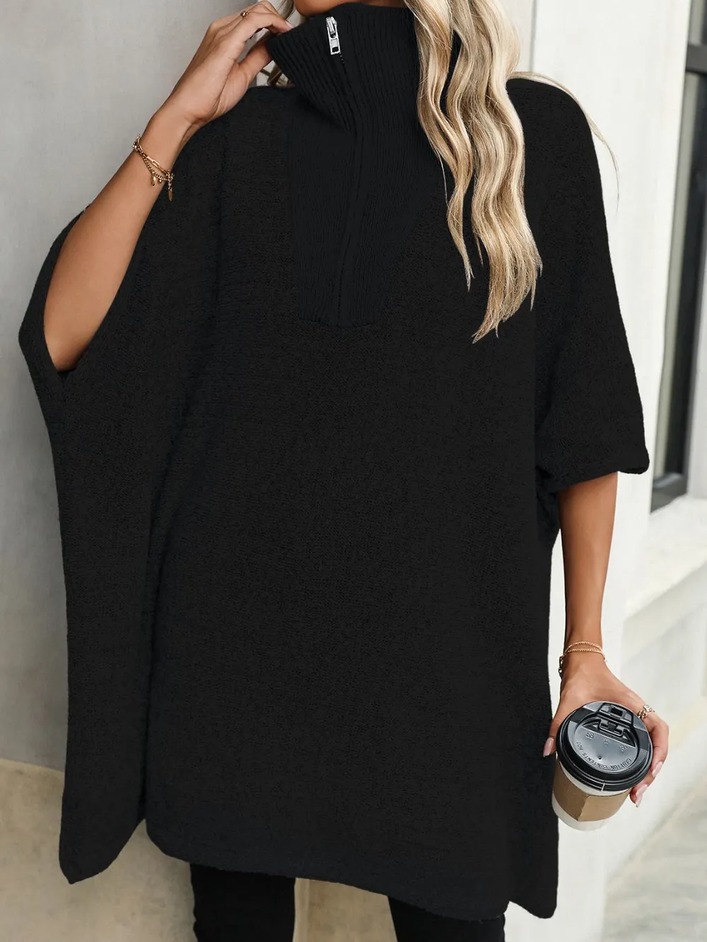Slit Quarter Zip Half Sleeve Sweater, image 9