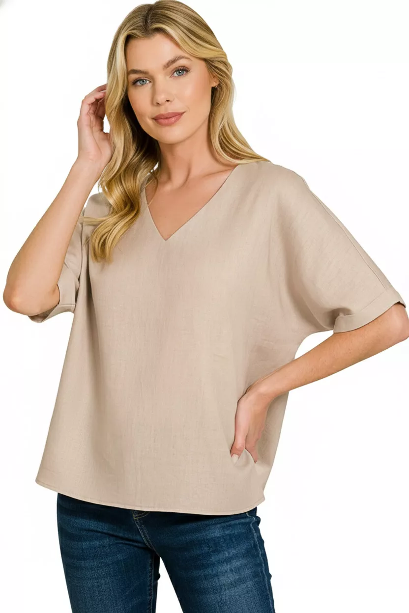Linen V-Neck Cuffed Sleeve Top, image 2