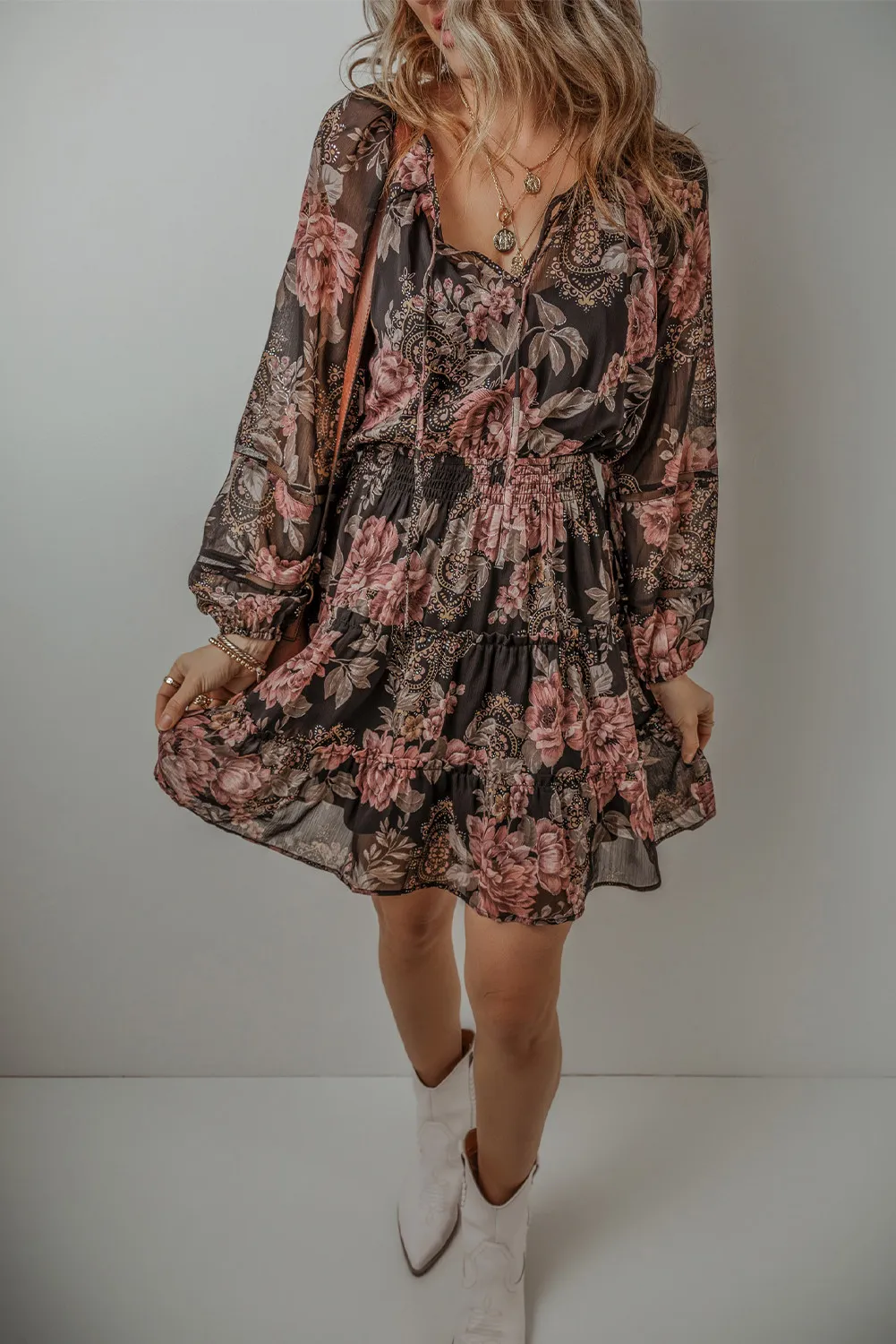 Printed Tie Neck Long Sleeve Mini Dress, image 4