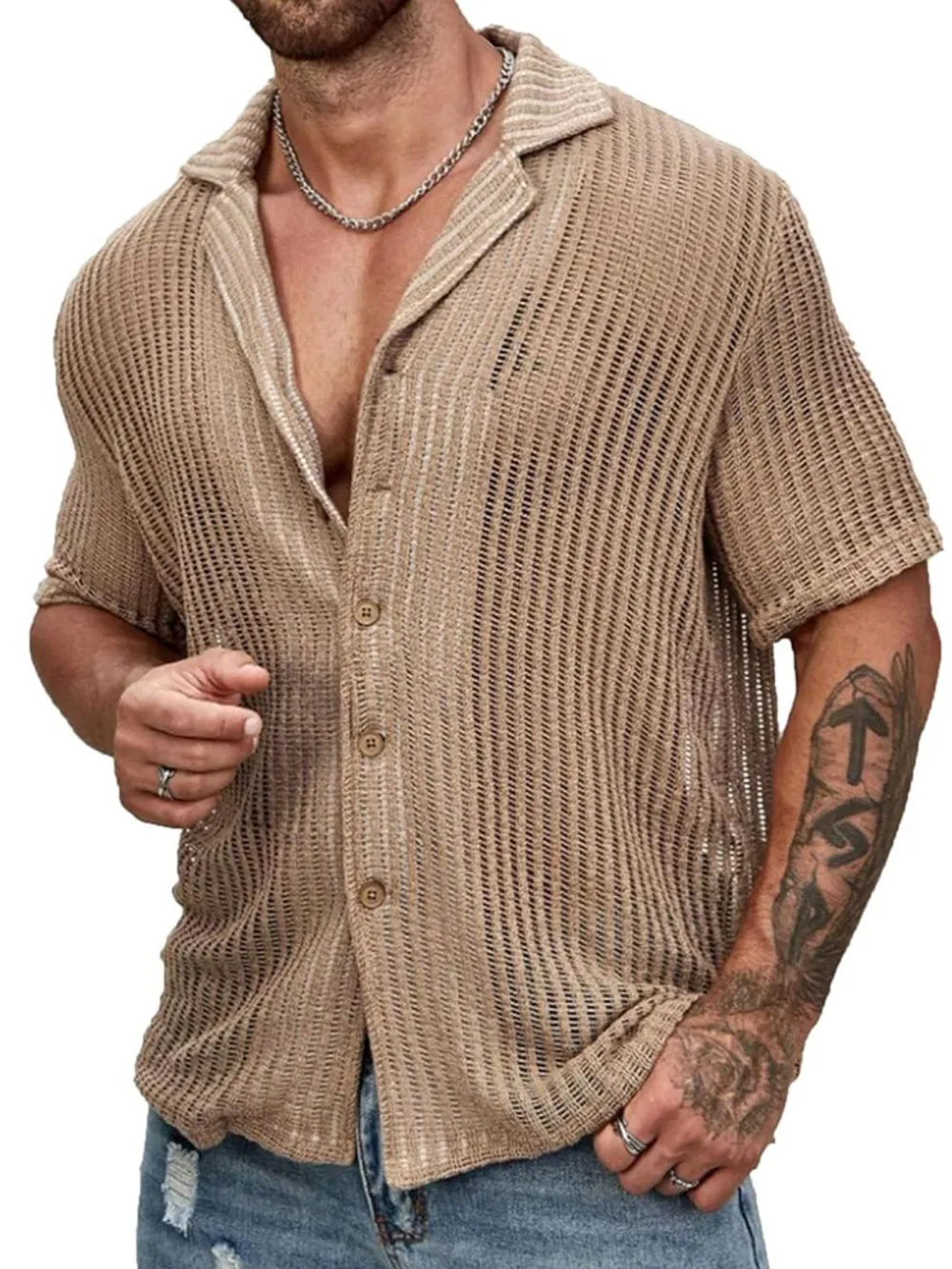 Men's Full Size Openwork Button Down Short Sleeve Shirt Plus Size, image 2