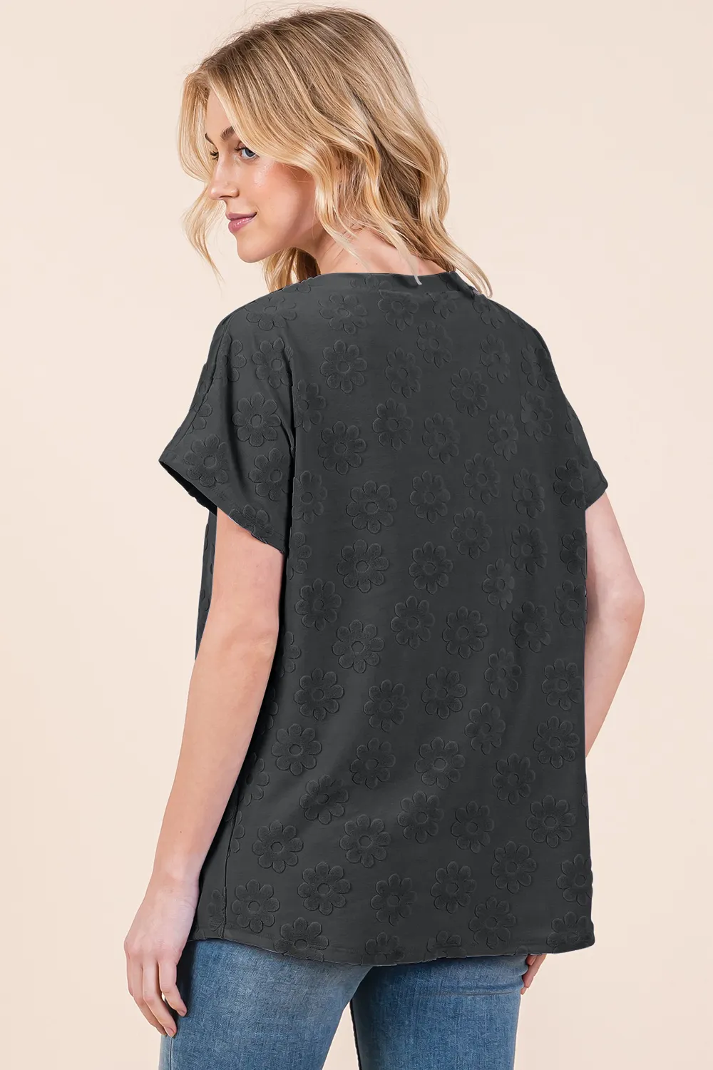 Textured Floral Pattern Short Sleeve T-Shirt, image 2