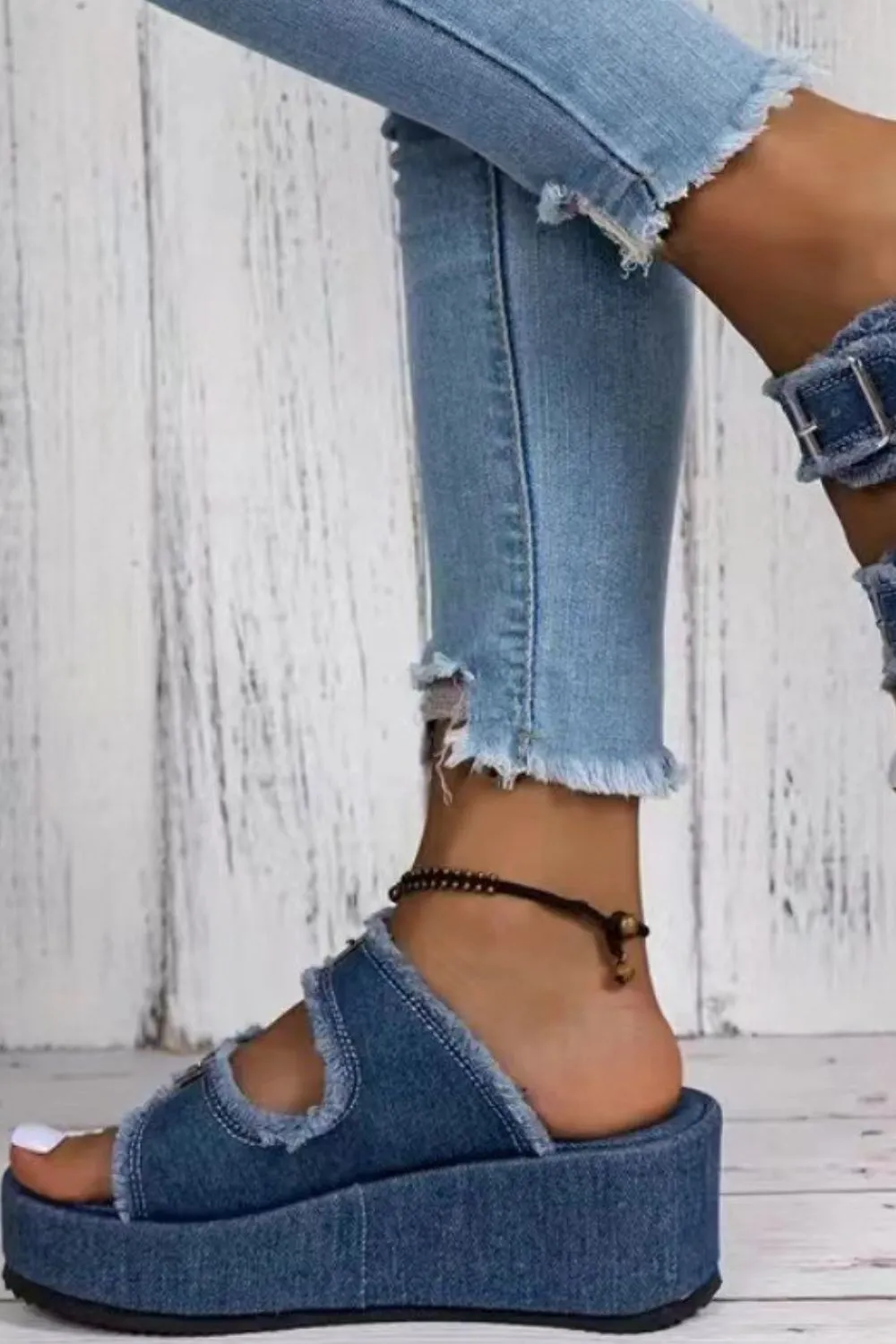 Raw Hem Wedge Buckle Sandals, image 4