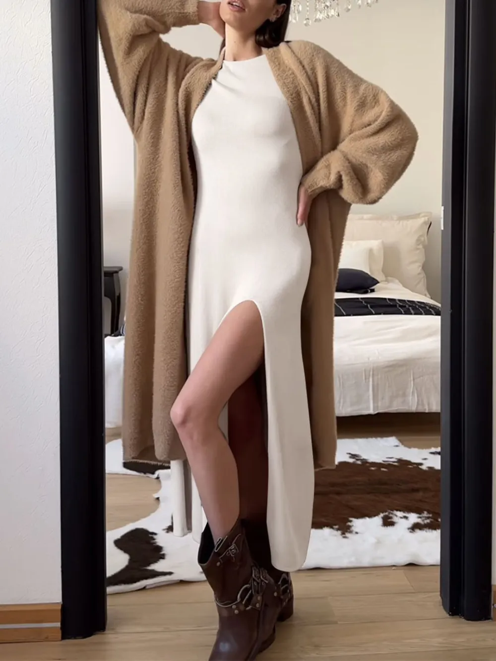 Side Slit Round Neck Long Sleeve Dress, image 4
