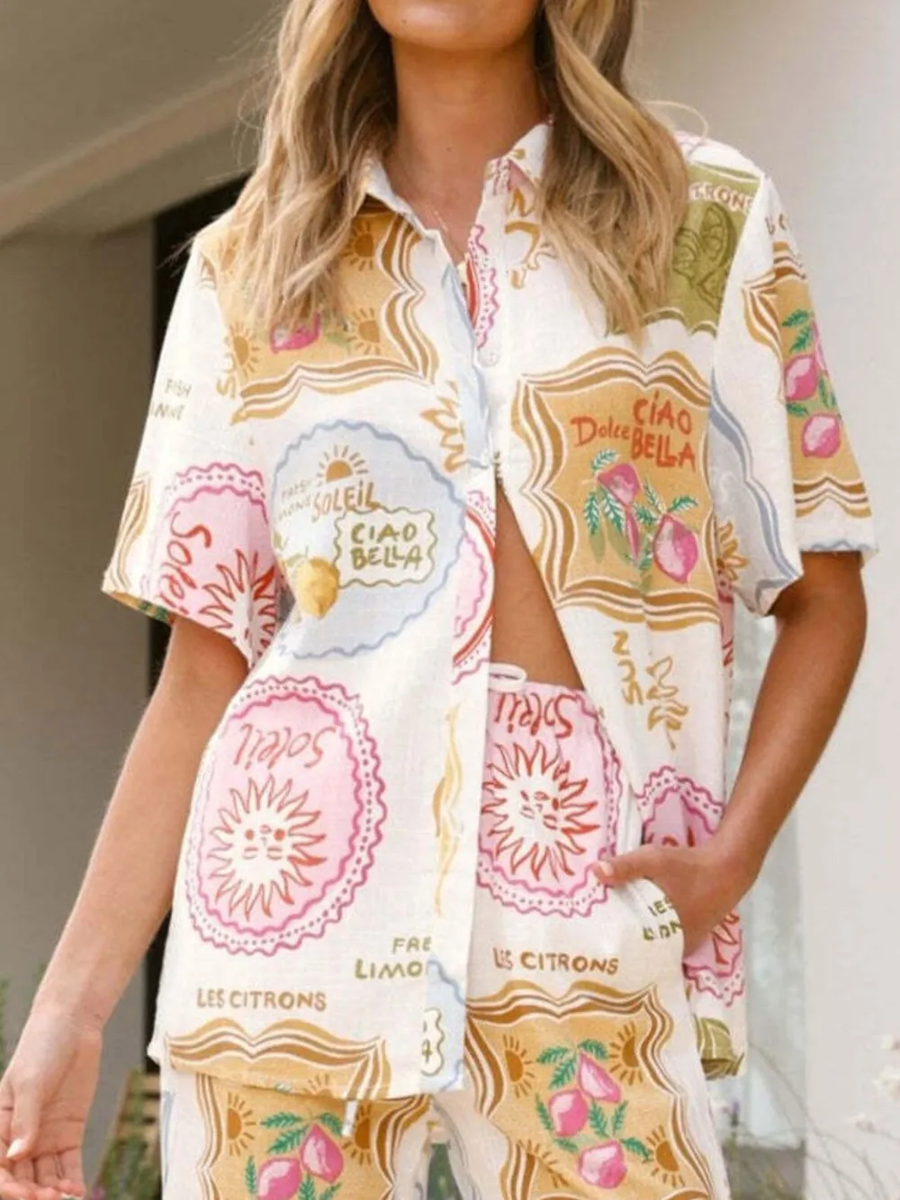 Printed Button Up Shirt and Pants Set, image 2