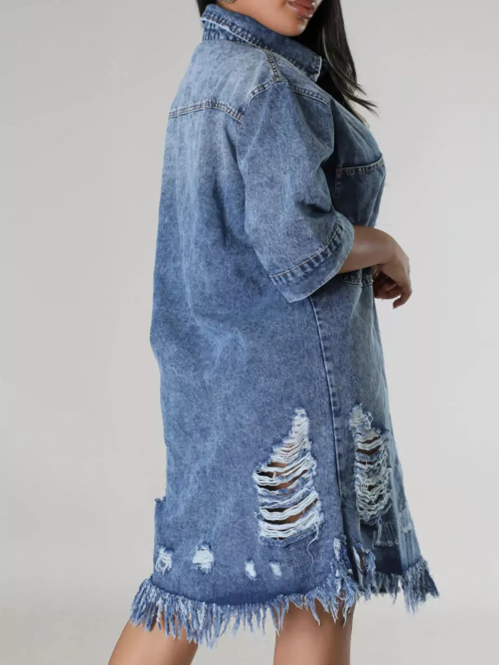 Plus Size Distressed Frayed Hem Button-Down Denim Dress, image 6