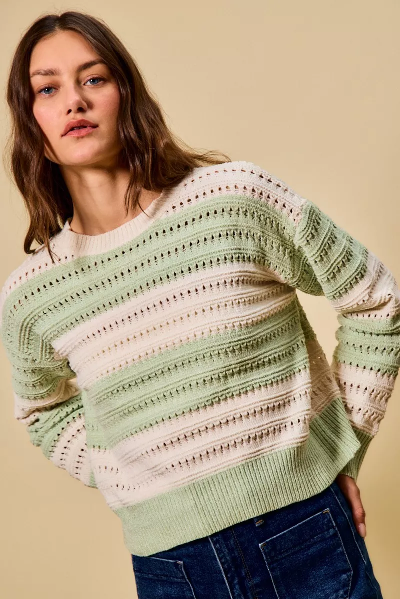 Openwork Round Neck Wide Stripe Textured Sweater, image 2