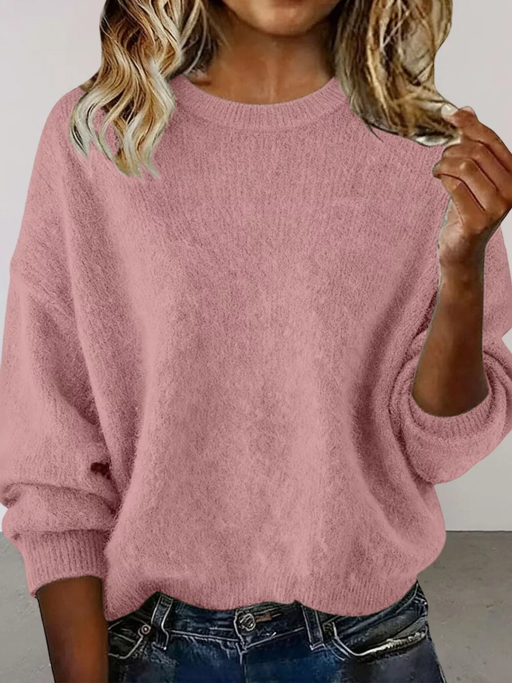 Full Size Round Neck Dropped Shoulder Sweater Plus Size, image 9
