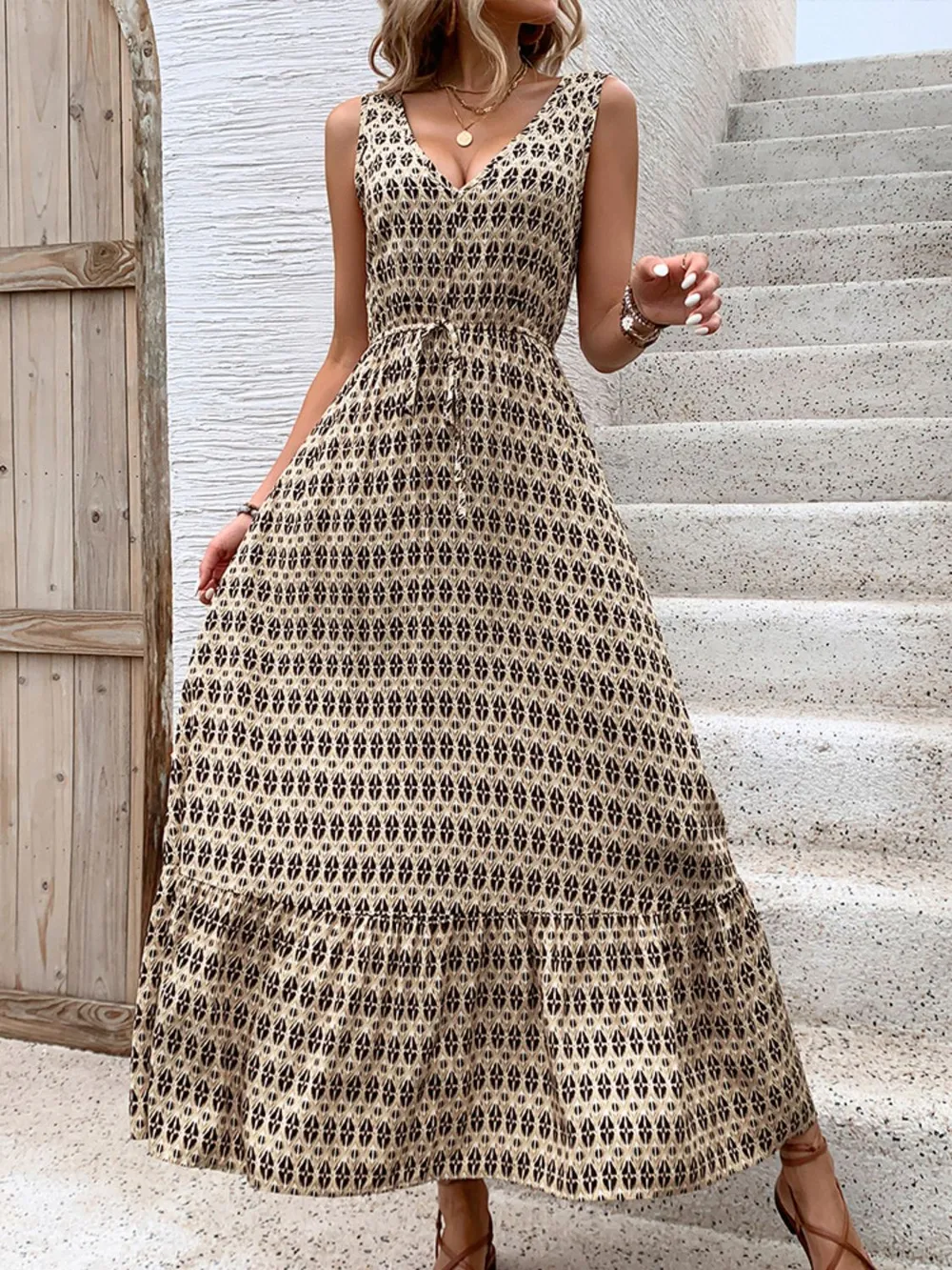 Printed V-Neck Tie Waist Midi Dress, image 5
