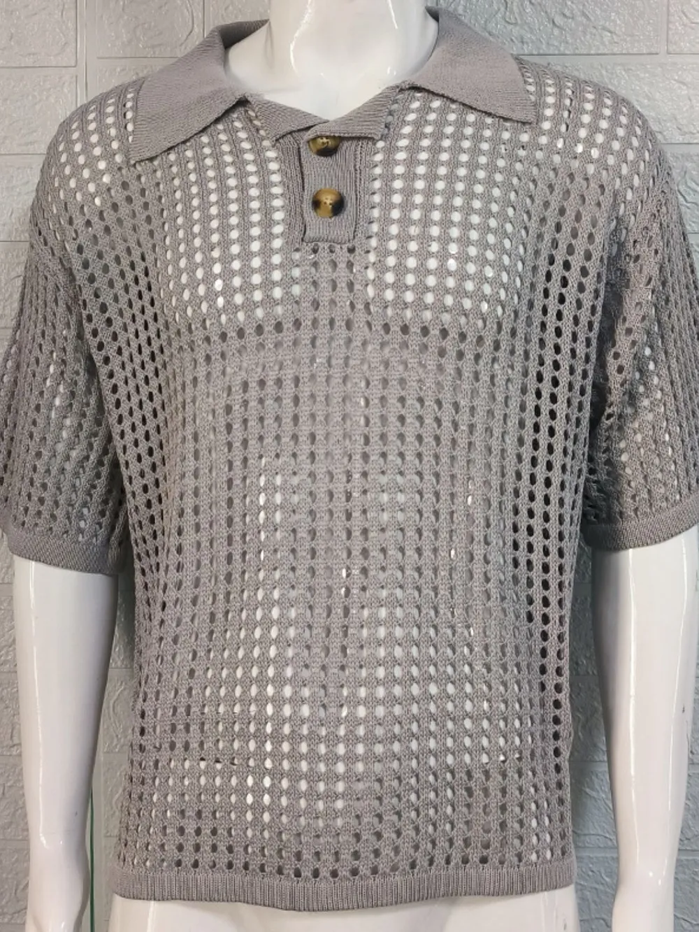 Men's Plus Size Openwork Collared Neck Quarter Button Knit Polo, image 8