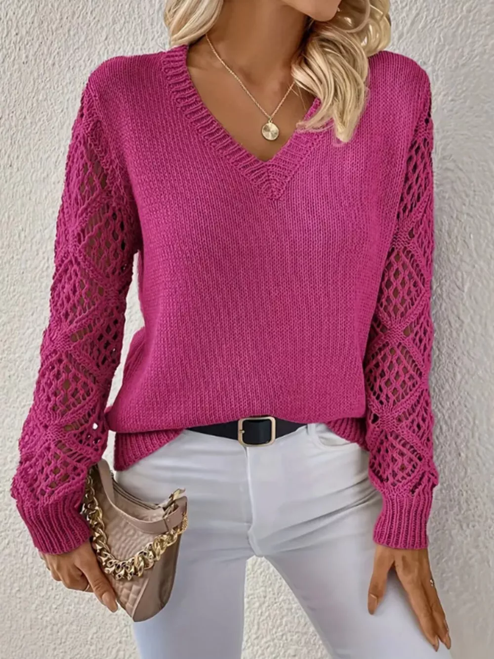 V-Neck Crochet Sleeve Sweater, image 12
