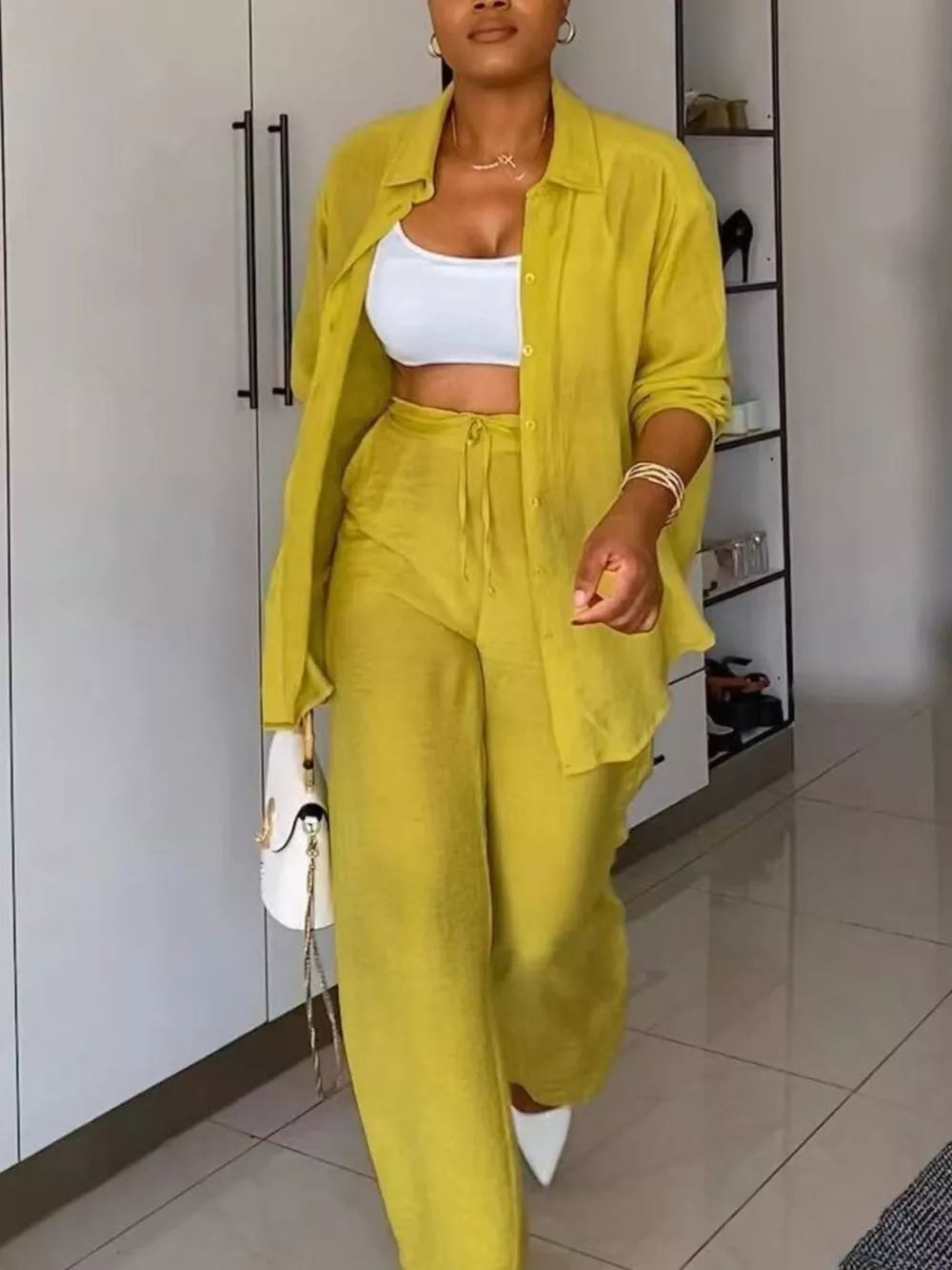 Tie-Front Top and Wide Leg Pants Set, image 2