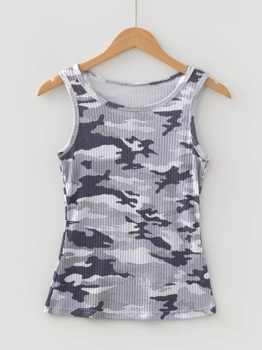 Camouflage Print Ribbed Knit Round Neck Tank Top, image 5
