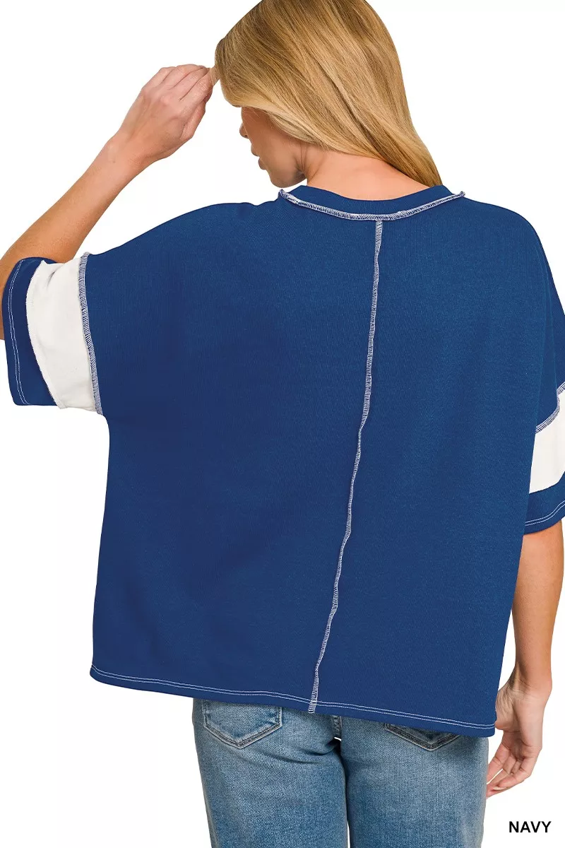 French Terry Striped Exposed Seam Top, image 2