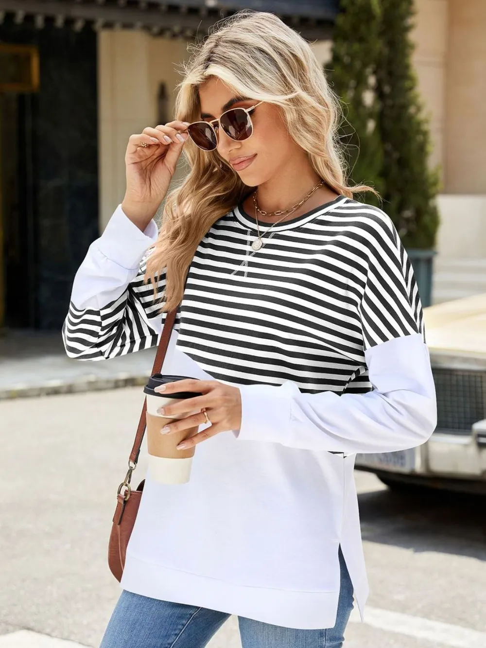 Slit Contrast Striped Long Sleeve Sweatshirt, image 12