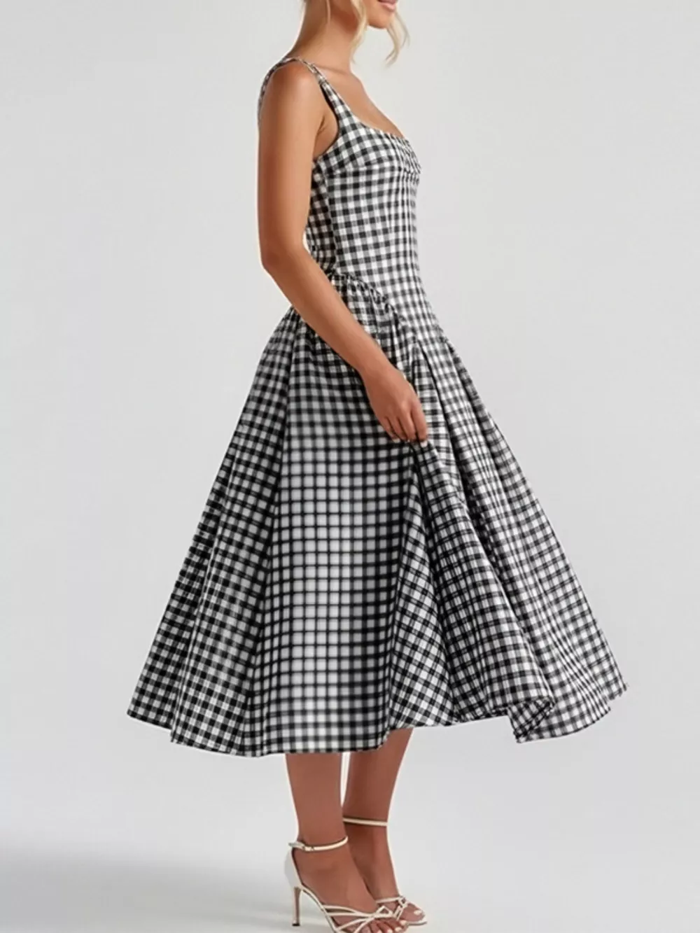 Full Size Plaid Square Neckline Midi Dress Plus Size, image 14