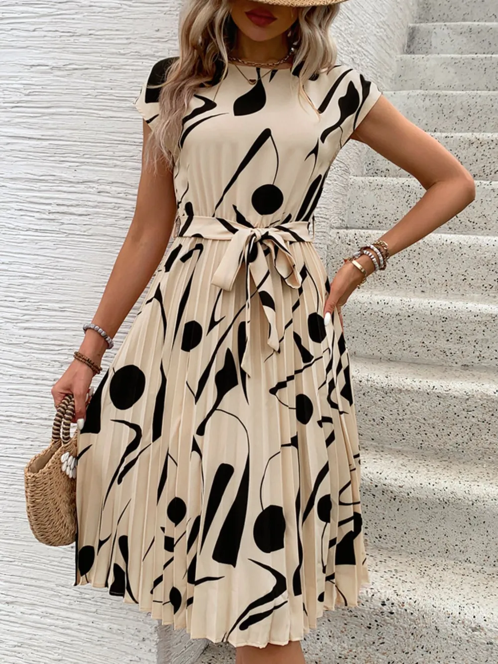 Tied Pleated Printed Cap Sleeve Dress, image 11