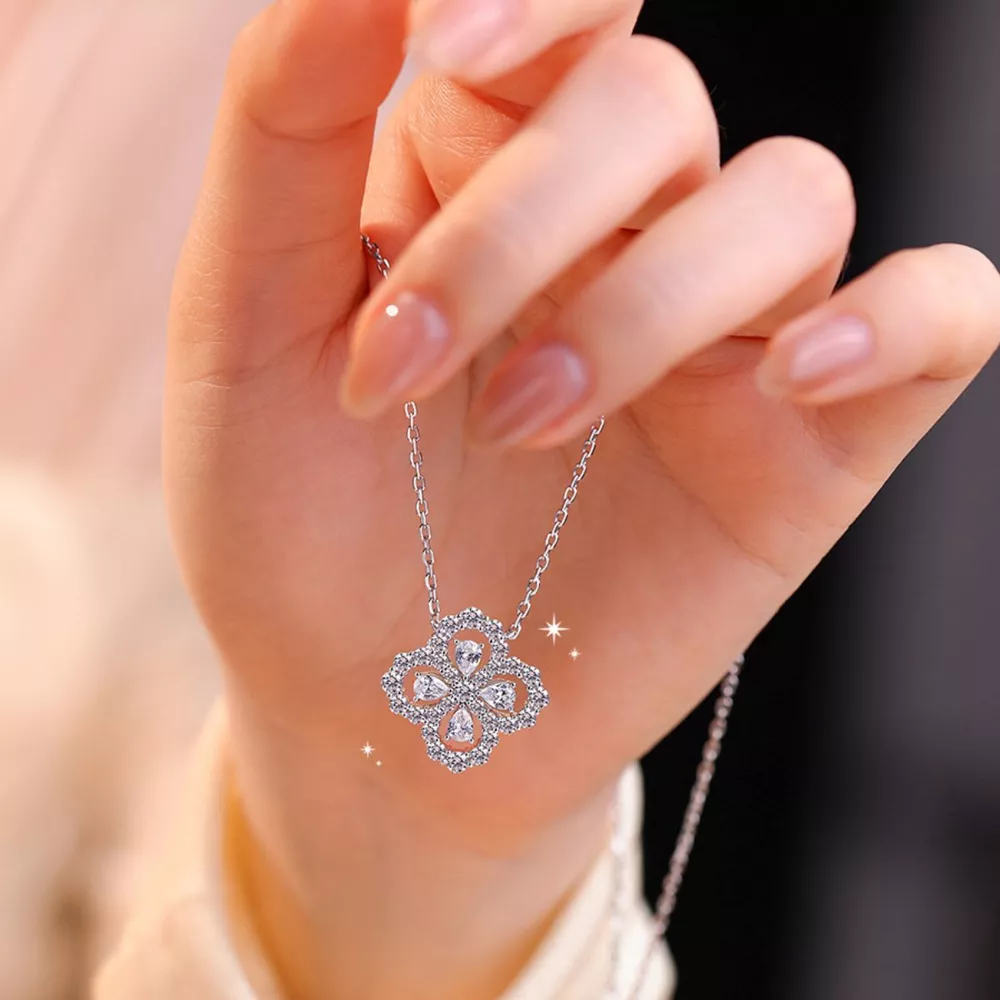 Moissanite 925 Sterling Silver Clover Pendant Necklace, image 2