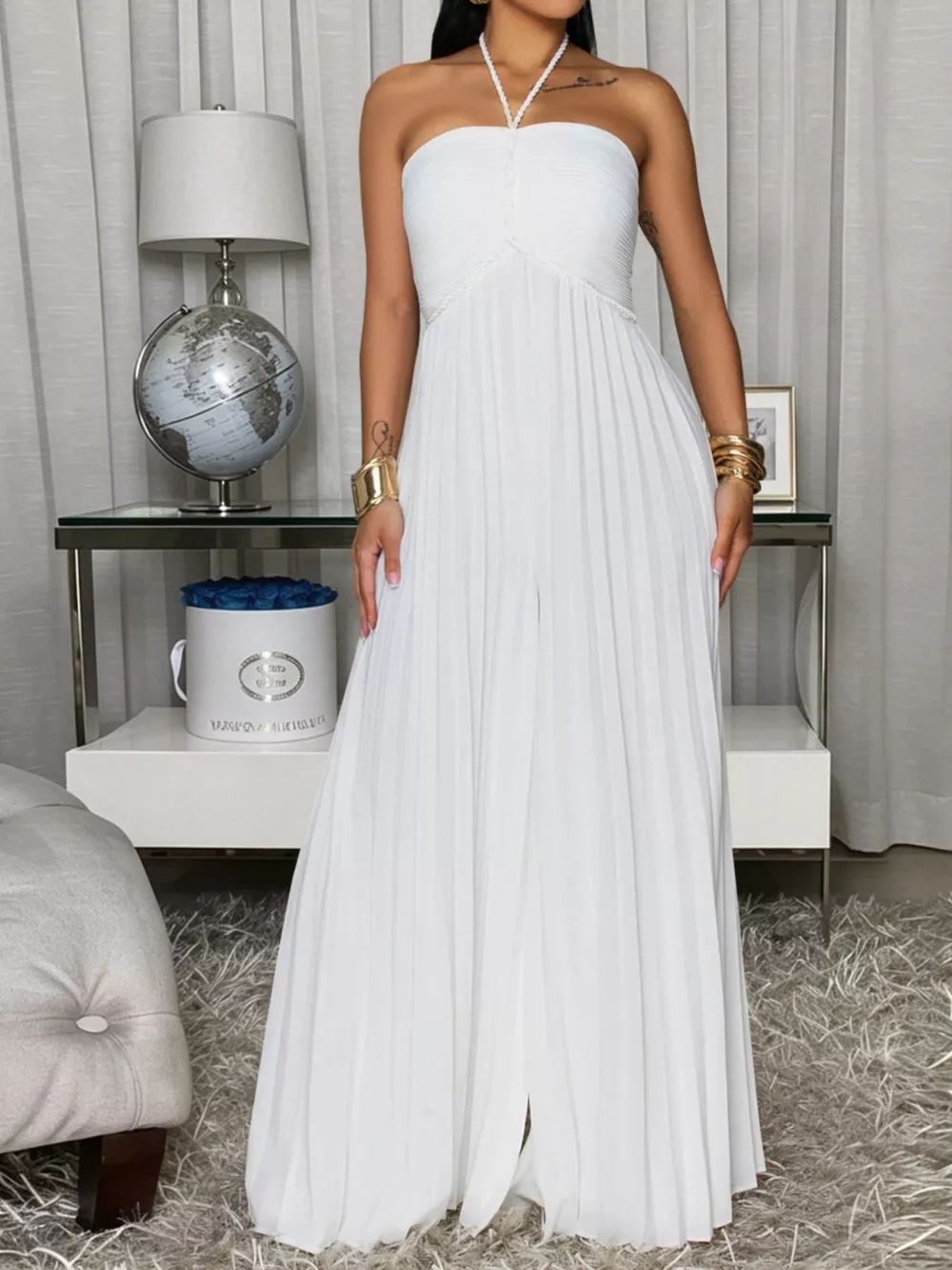 Pleated Halter Neck Wide Leg Jumpsuit, image 9