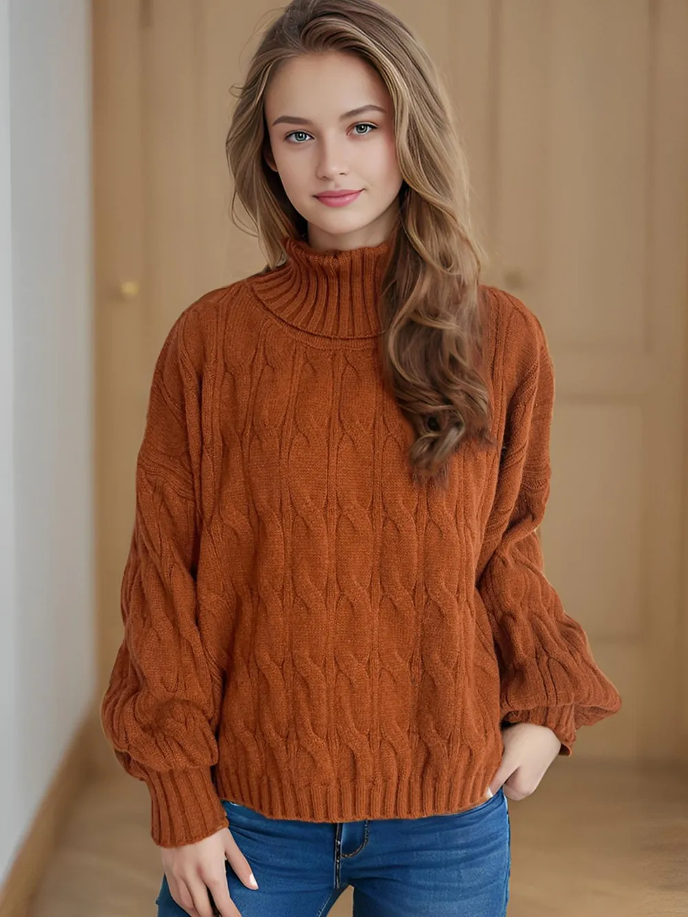 Cable-Knit Turtleneck Long Sleeve Sweater, image 11