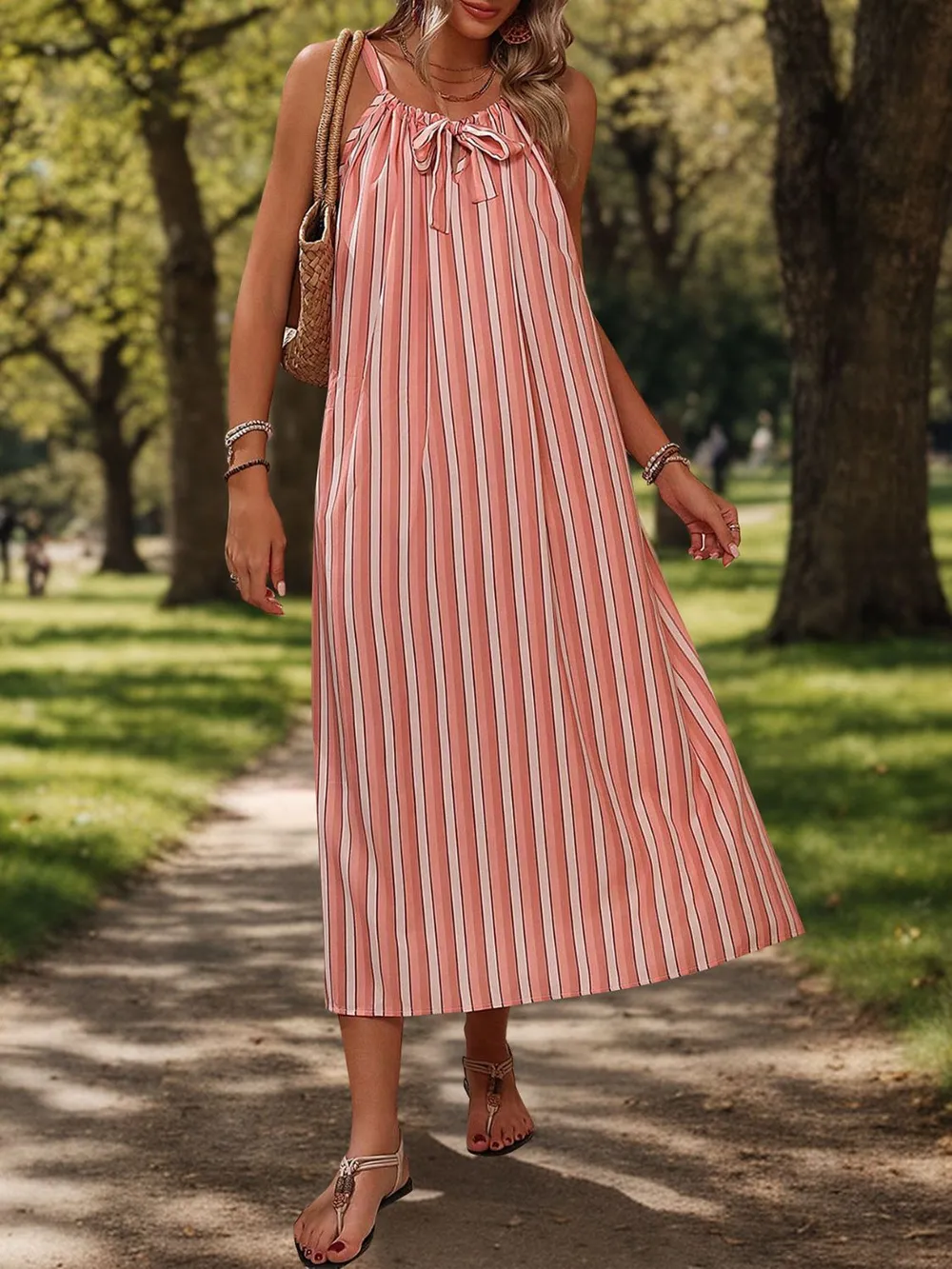 Striped Tie Neck Midi Cami Dress, image 2