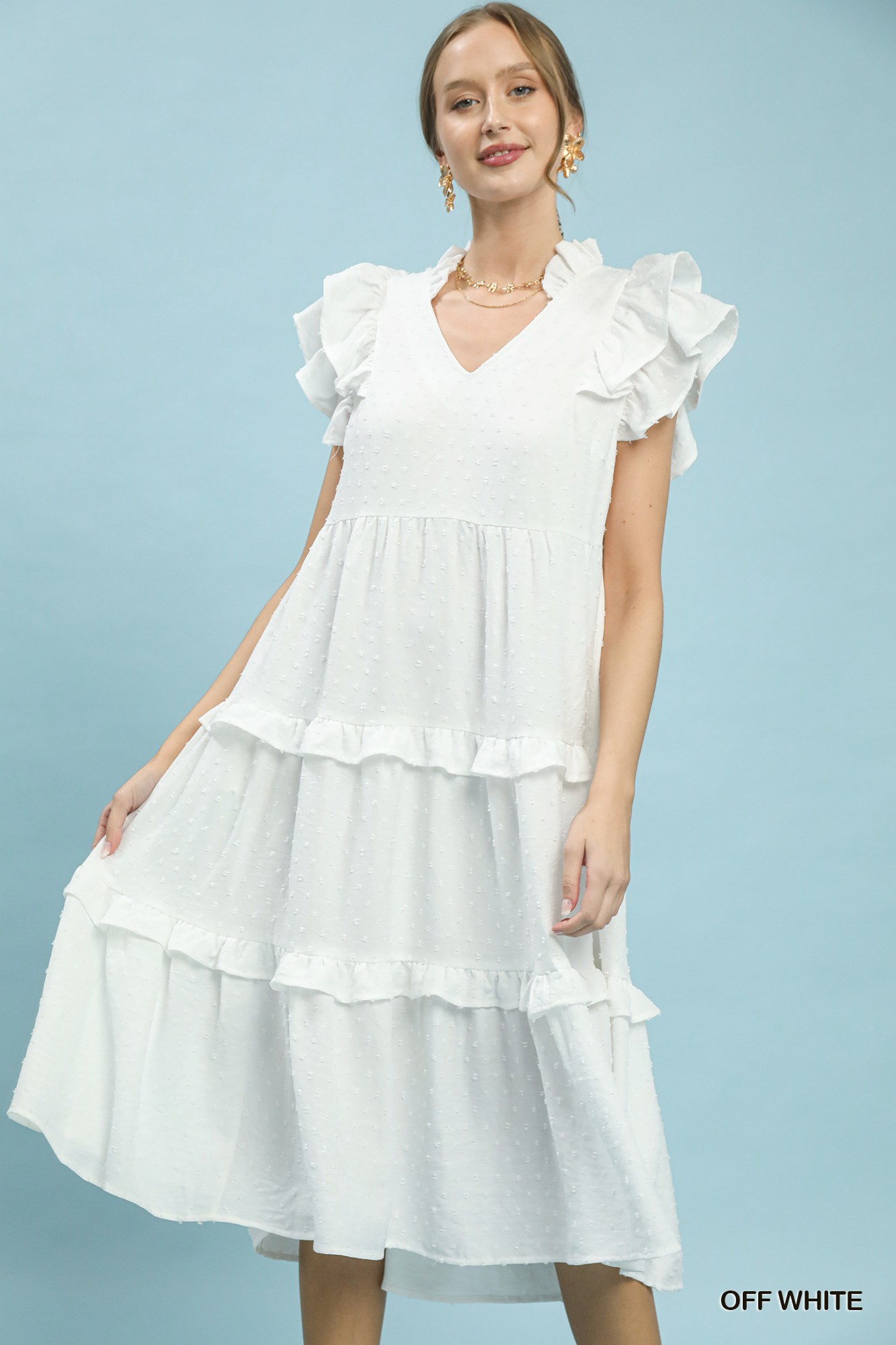 Textured Ruffle Sleeve Tiered Midi Dress