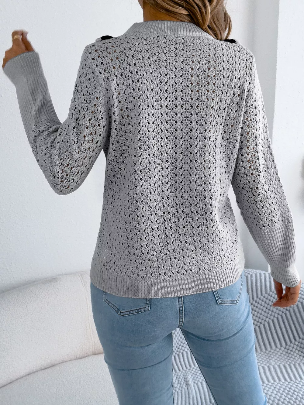 Hollow-Out Knit Top with Contrast Trim, image 7