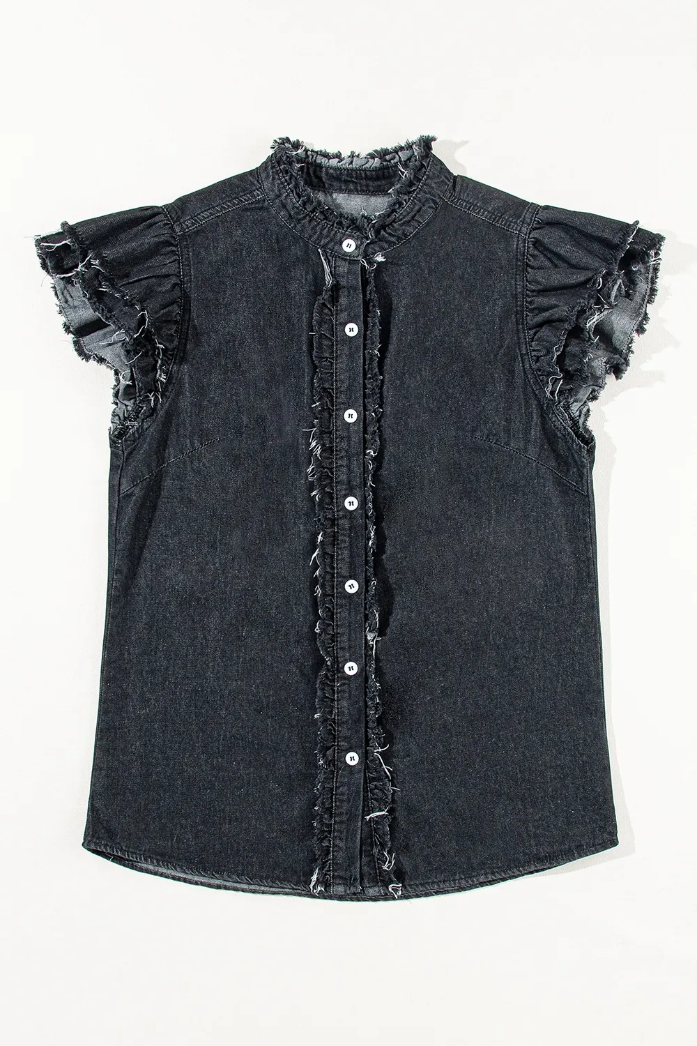 Button Down Raw Hem Ruffled Denim Shirt, image 8