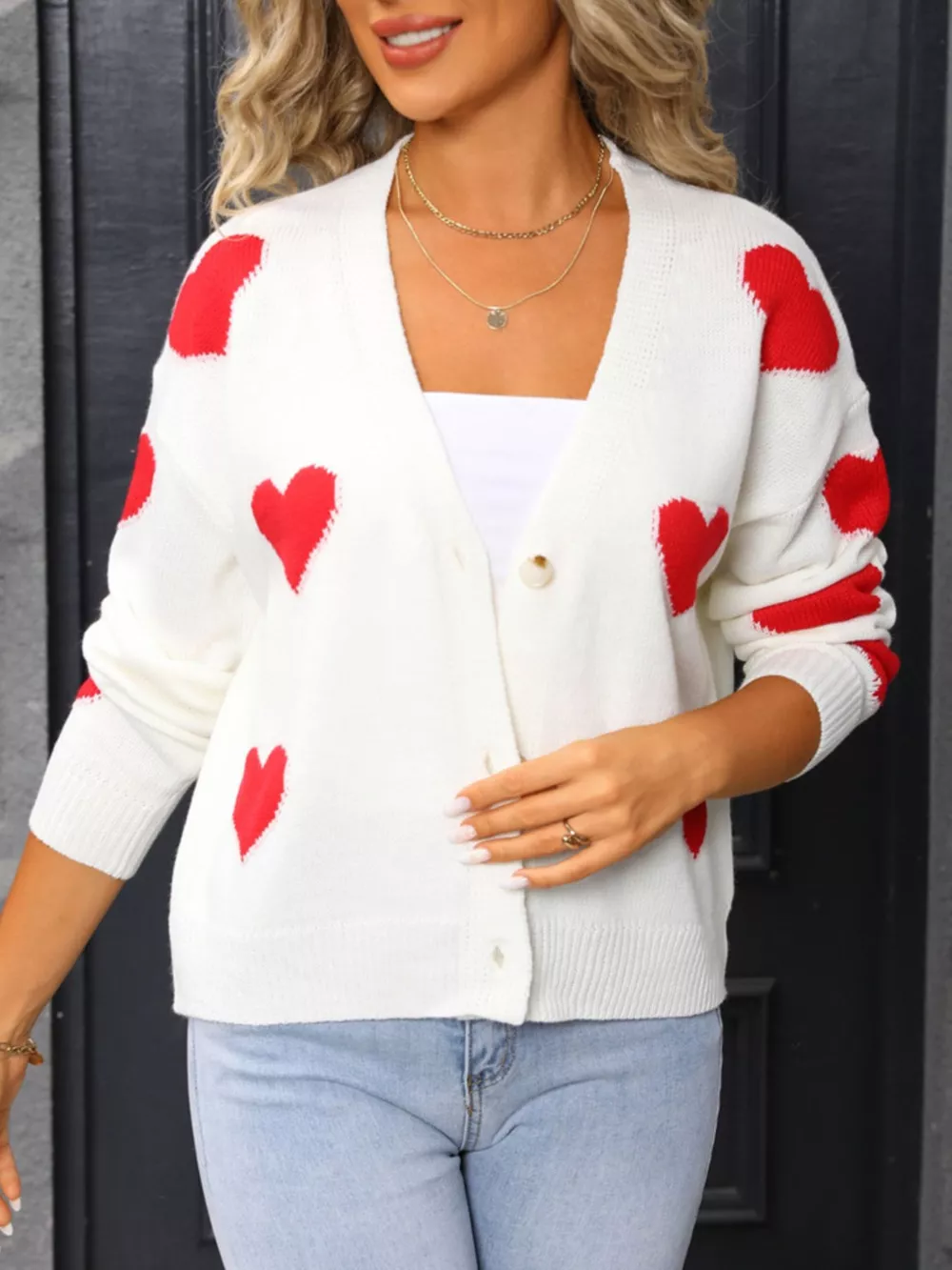 Valentine's Day Heart Pattern Button-Up Knit Cardigan, image 5