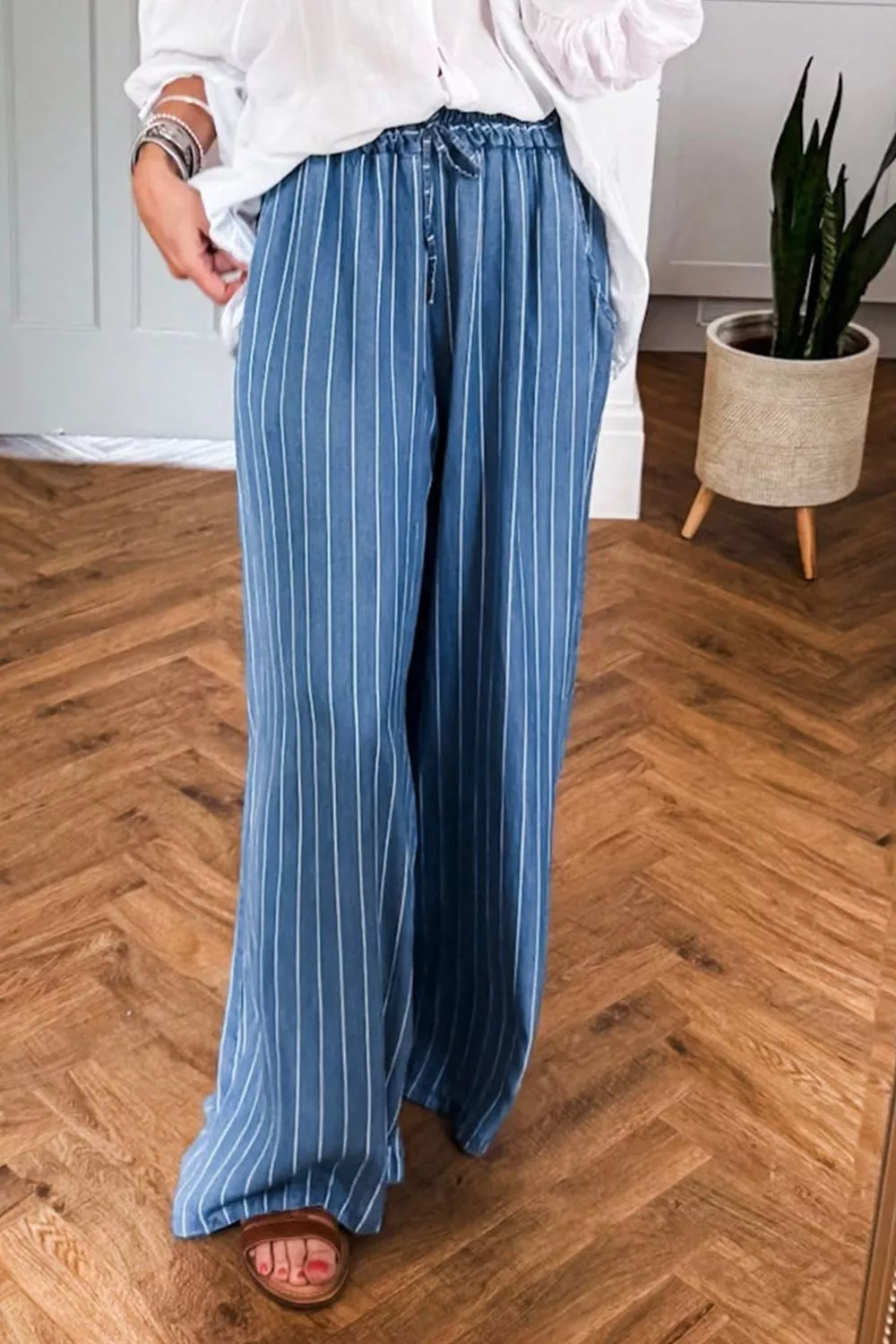 Stripe Chambray Wide Leg Tied Elastic Waist Jeans, image 2