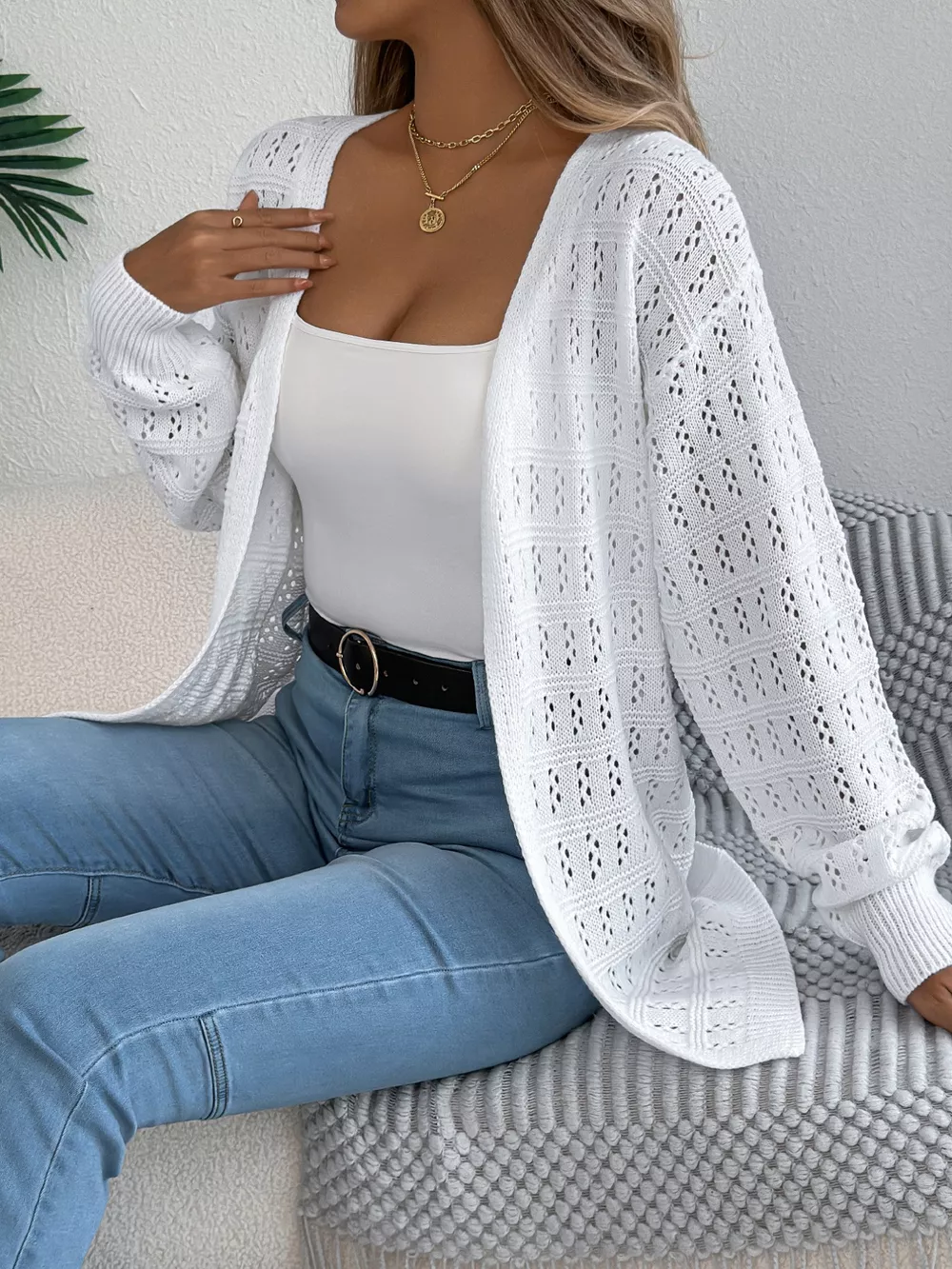 Open-Front Crochet Knit Cardigan, image 4