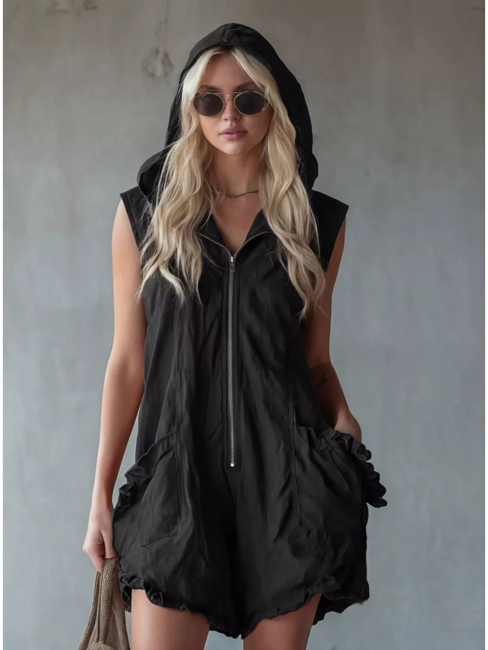 Full Size Hooded Sleeveless Zipper Romper with Ruffled Pockets Plus Size, image 9